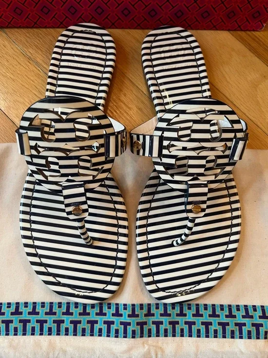 Tory Burch Navy & White Striped Patent Leather Miller Sandals - Picture 4 of 10